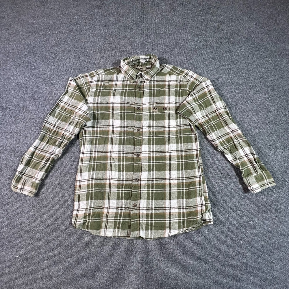 Realtree Button-Down Shirt Men's M Green Cotton Flannel Plaid Cowboy Streetwear